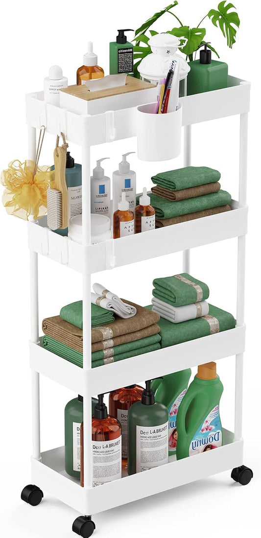 Slim Rolling Storage Cart - 4 Tiers Bathroom Organizer Utility Cart Slide Out Storage Shelves Mobile Shelving Unit for Kitchen, Bedroom, Office, Laundry Room, Small Narrow Spaces (7.1" W+White)