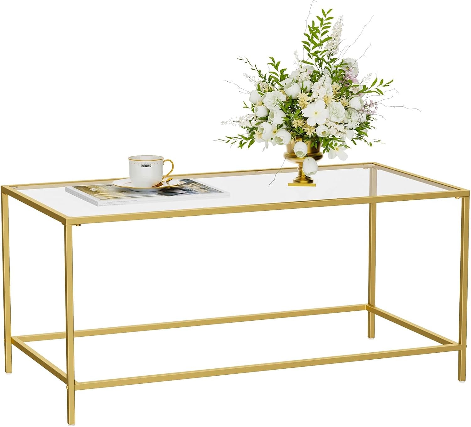 Glass Coffee Table, Modern Rectangular Coffee Table for Living Room, Minimalist Center Tea Table with Sturdy Metal Frame for Apartment, Office, Easy Assembly, 39.4 X 19.7 X 17.7 Inches, Golden