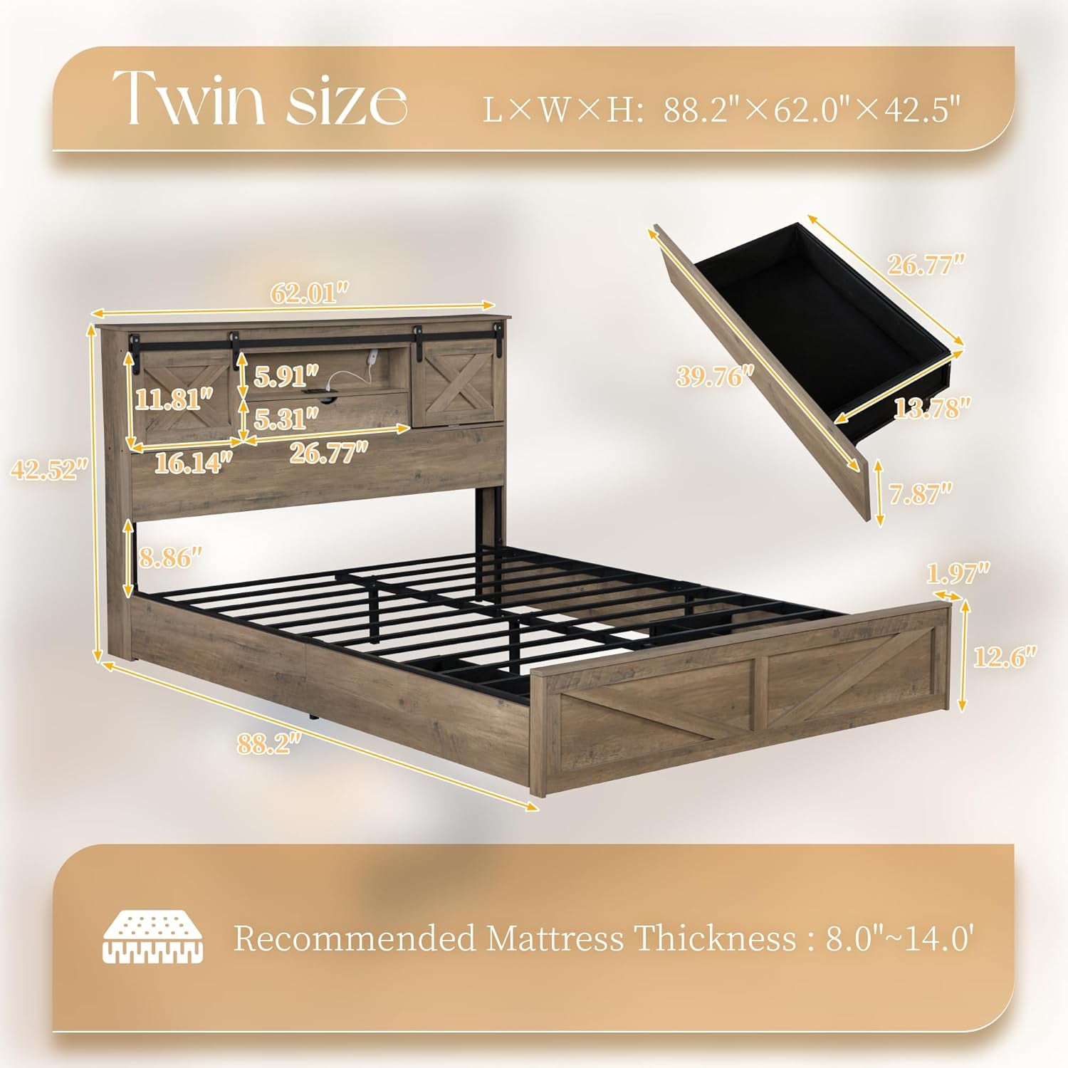 Farmhouse Queen Size Bed Frame with Storage Bookcase Headboard, Wooden Bed with LED Lights, Charging Station, 2 Drawers, Rustic Bed Frame with Sliding Barn Door for Bedroom (Grey Oak, Queen)