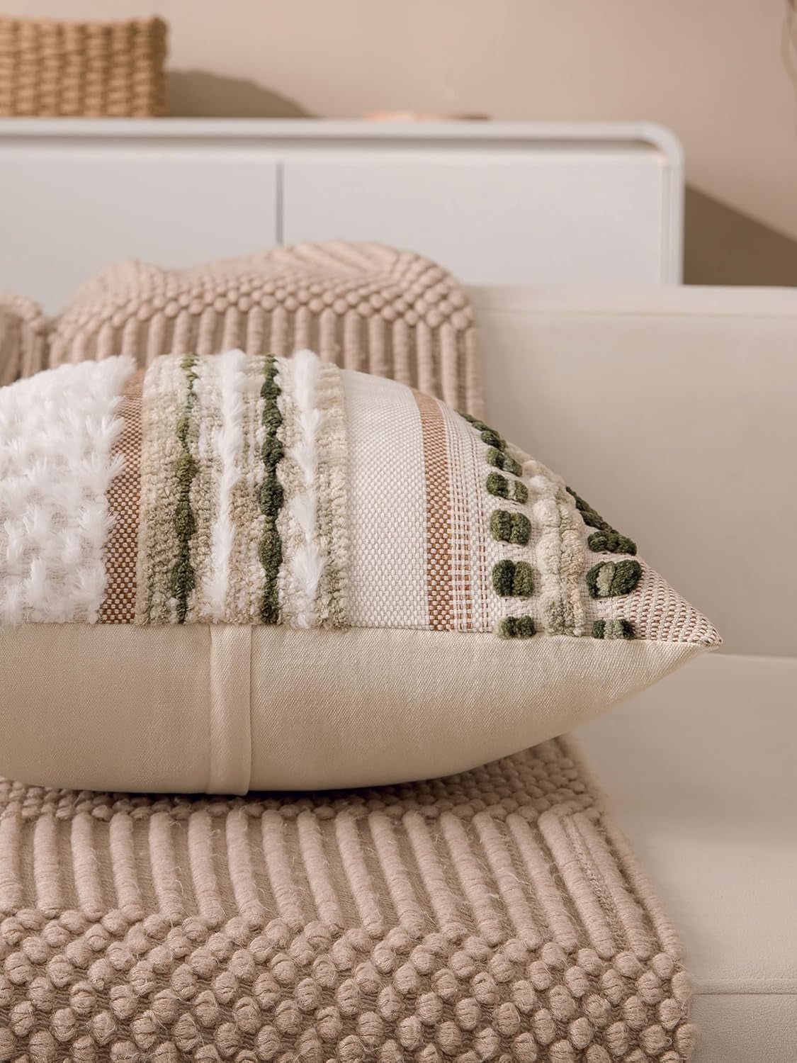 Boho Chenille Tufted Couch Throw Pillow Covers 18X18 Inch Set of 2 Farmhouse Striped Decorative Pillow Covers Accent Neutral Square Pillowcase Green Cushion Covers for Livingroom Sofa Bed