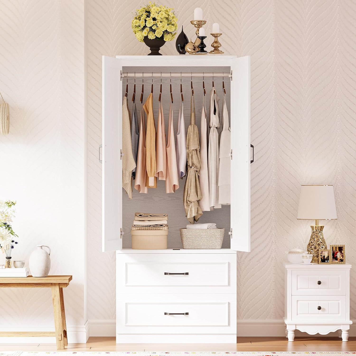 Armoire Wardrobe Closet with 2 Doors and 2 Drawers 70" H X 28" W Wooden Bedroom Freestanding Wardrobe Combination for Hanging Clothes, White