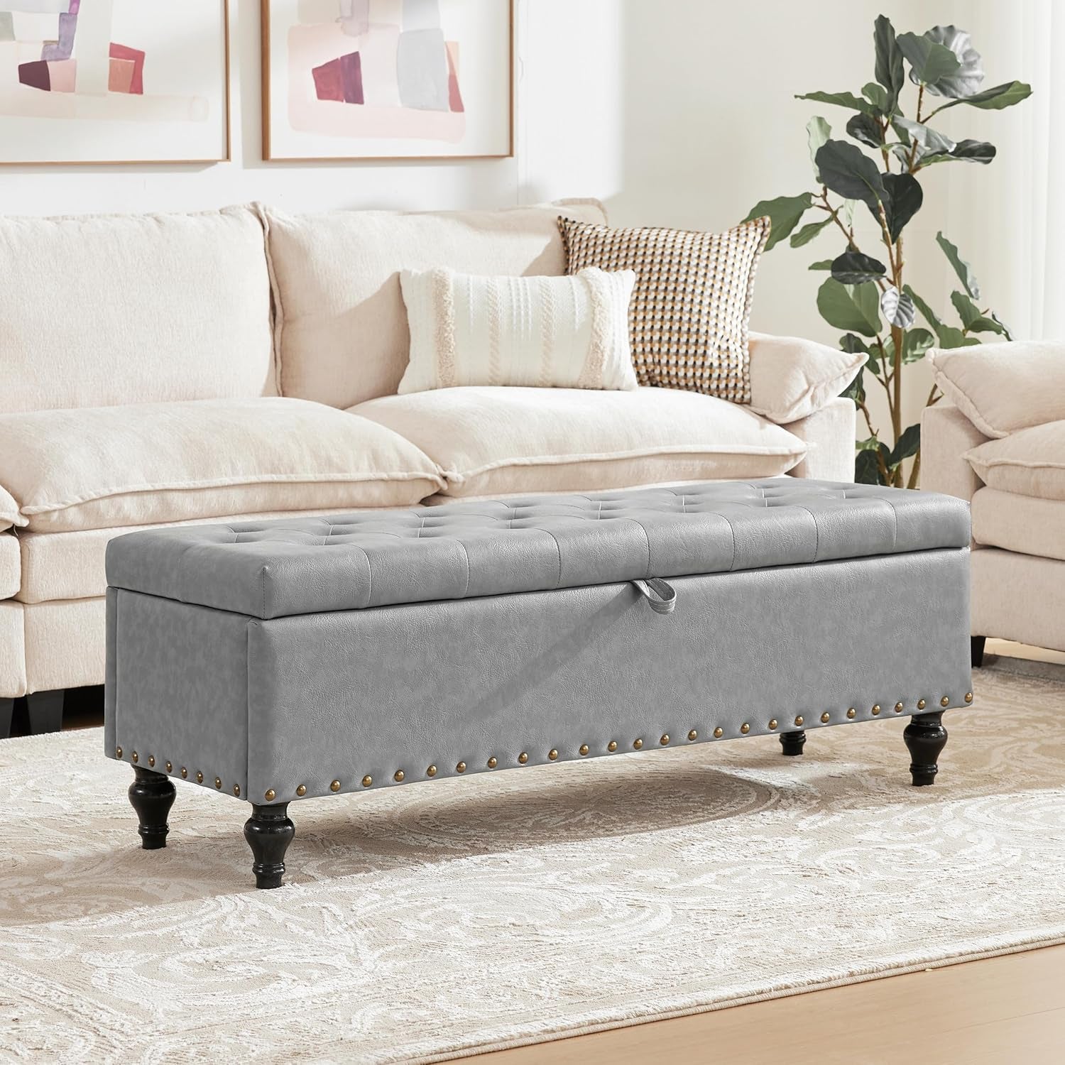 51.8’’ Storage Ottoman Bench, Faux Leather Ottoman with Storages, Window Benches Holds up to 330Lbs, Upholstered Storage Bench for Bedroom, Living Room, Entryway and Family Room, Light Gray
