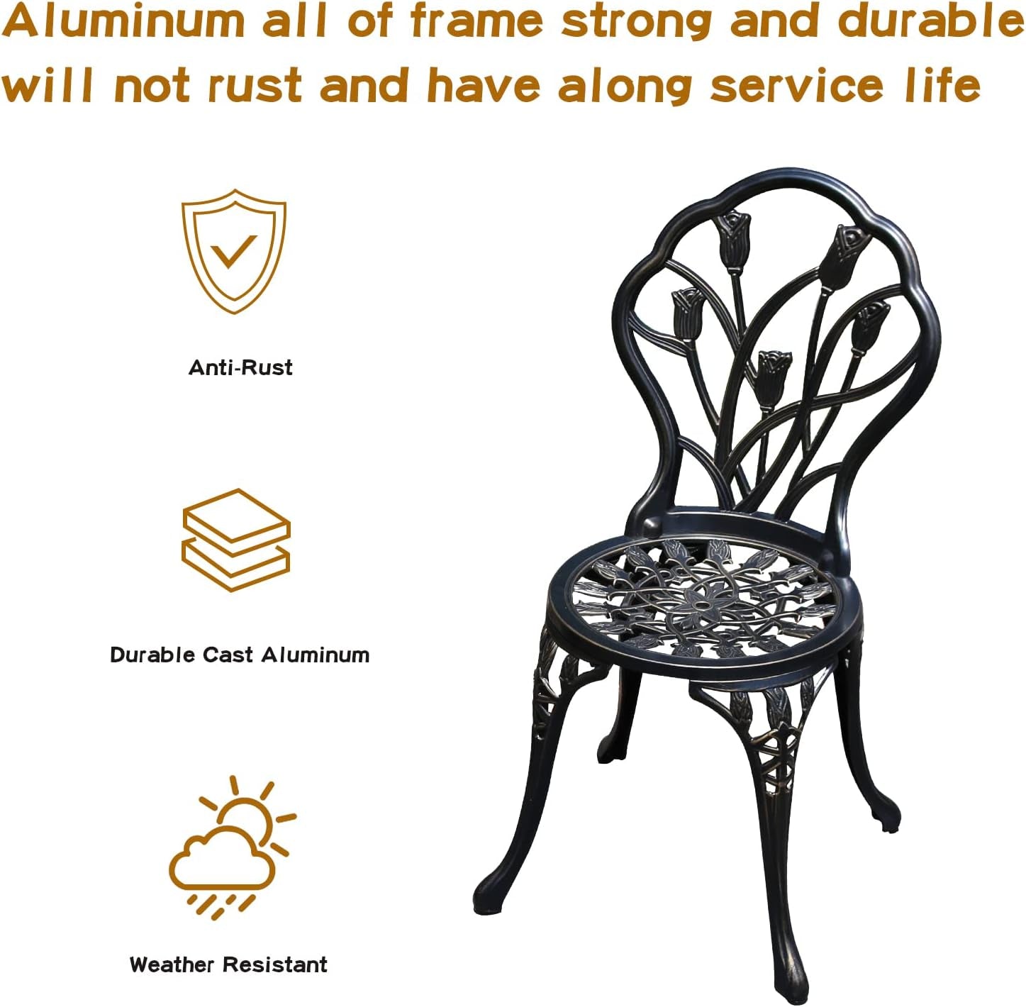 Patio Bistro Set.Rust-Resistant Cast Aluminum Bistro Table Set with Umbrella Hole for Backyard (Tulip Copper)