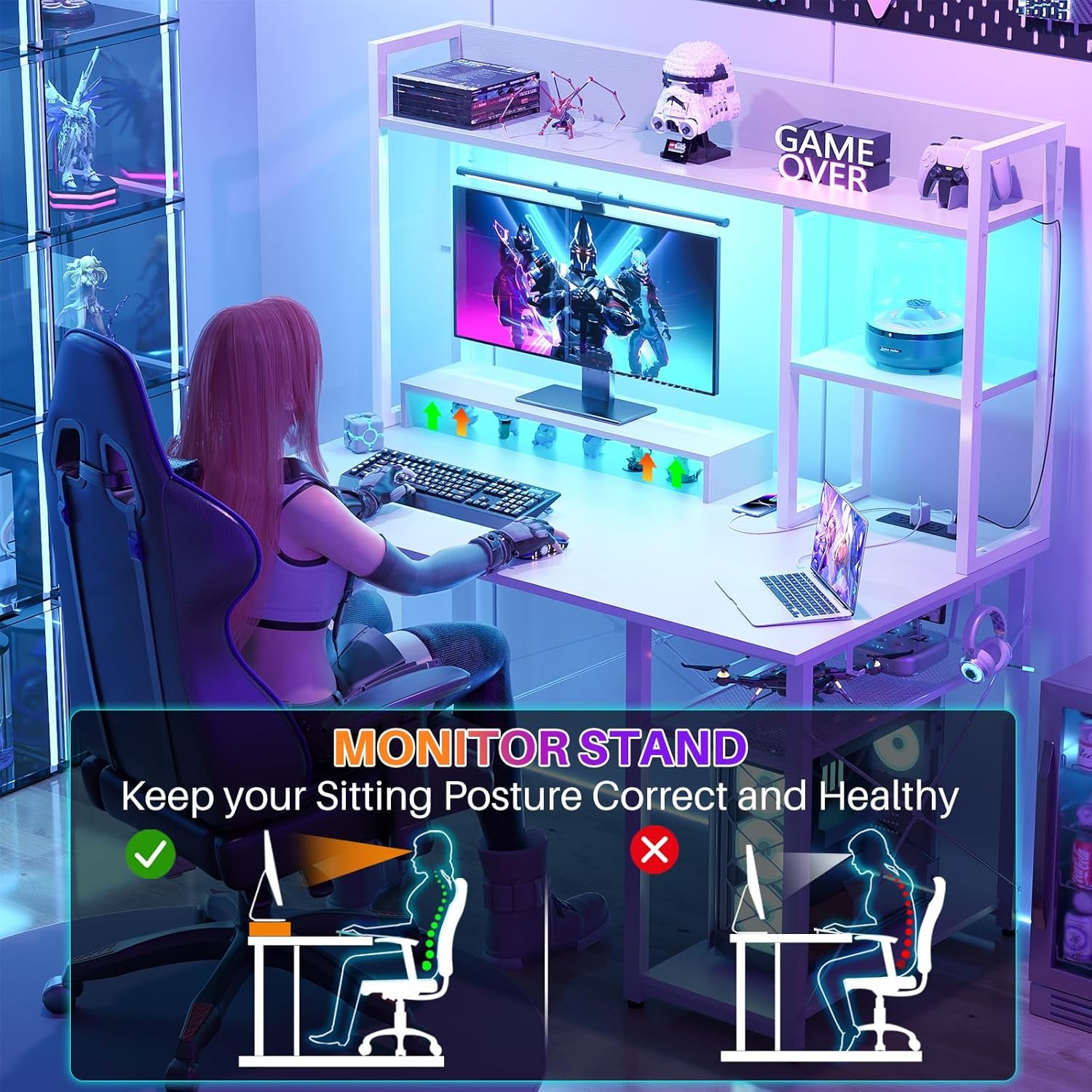 Gaming Desk with Hutch, 39'' Computer Desk with LED Lights & Power Outlets, Home Office Desk with Reversible 5 Tiers Storage Shelves & Monitor Stand, Small Gaming Table for Small Space, White