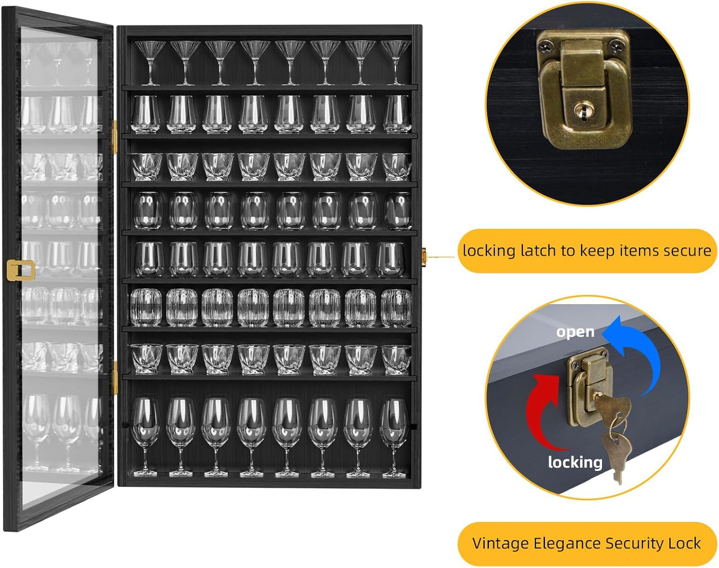 Shot Glass Display Case 72 Large Capacity Wooden Shot Glass Holder Wall Mounted Shadow Box Bar Cabinet with Acrylic Lockable Door and Removeable Shlves, 26.85"X17.5" X 3.35", Black