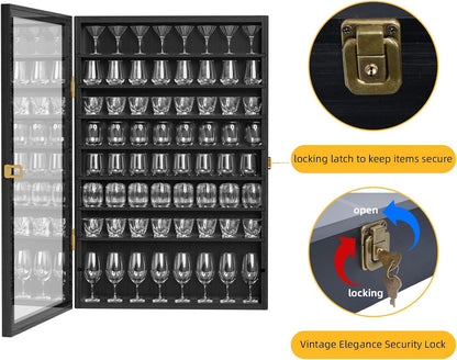 Shot Glass Display Case 72 Large Capacity Wooden Shot Glass Holder Wall Mounted Shadow Box Bar Cabinet with Acrylic Lockable Door and Removeable Shlves, 26.85"X17.5" X 3.35", Black