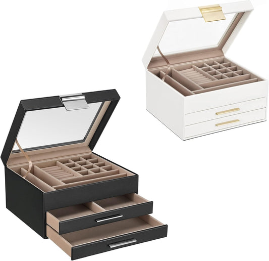 Jewelry Box Bundle, 2 Jewelry Organizers with Glass Lids, 2 Drawers Each, for Loved Ones, Black and White UJBC239BK and UJBC239WT