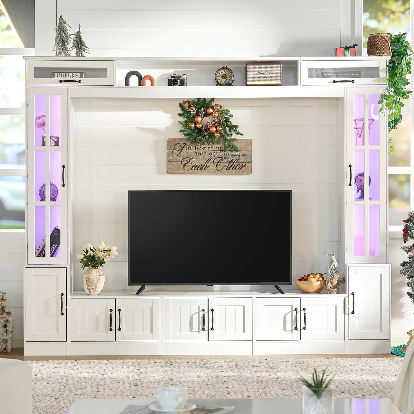 98" Wide Wall Unit TV Stand with Storage for Tvs up to 80", Large Modern TV Console Table with LED Lights, Entertainment Center with Bookshelves for Living Room, White