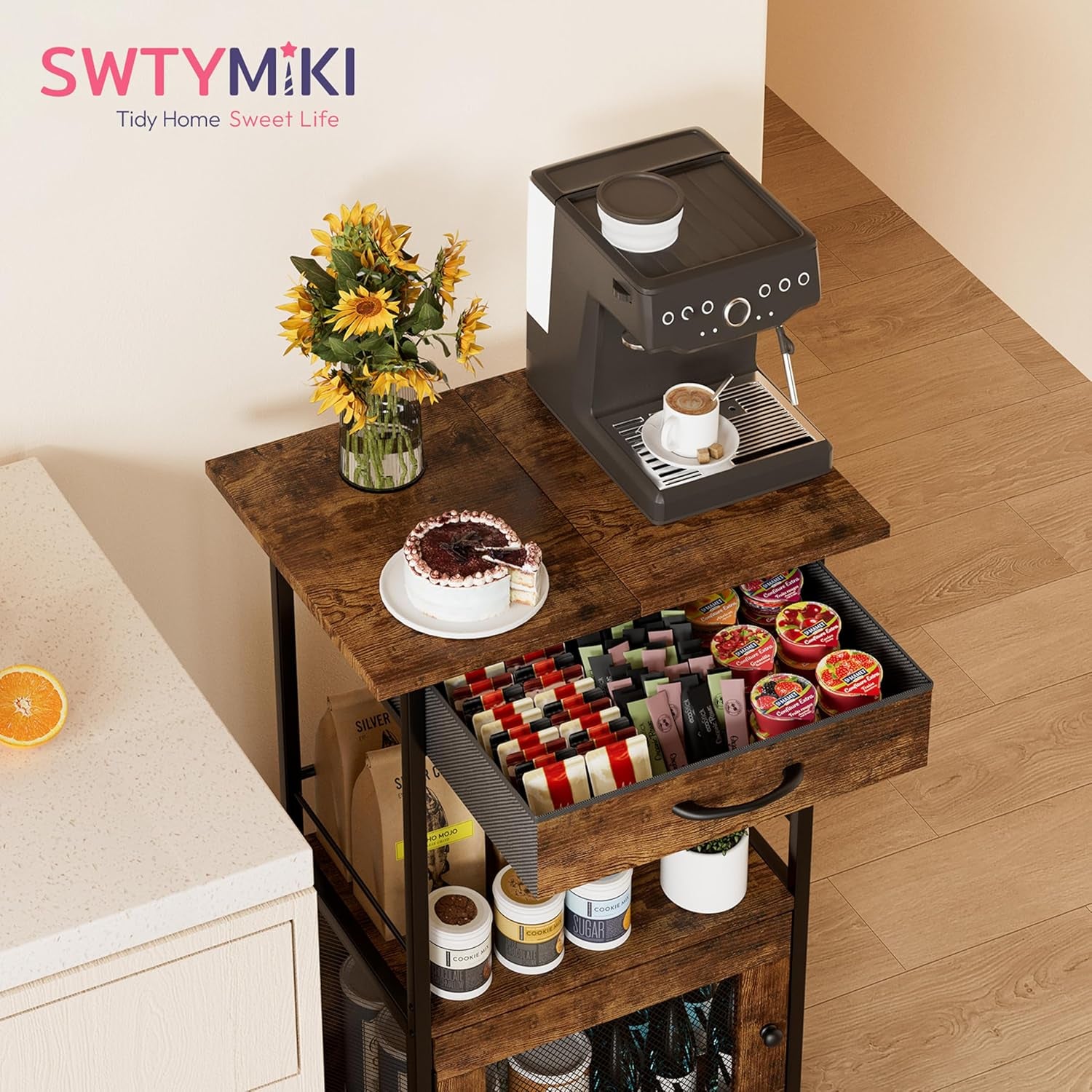 Buffets Coffee Bar Cabinet - Rolling Kitchen Rack, Farmhouse Small Coffee Stand with Storage Drawer and Door Cabinet - Kitchen Microwave Stand for Apartment, Living Room, Entryway, Espresso