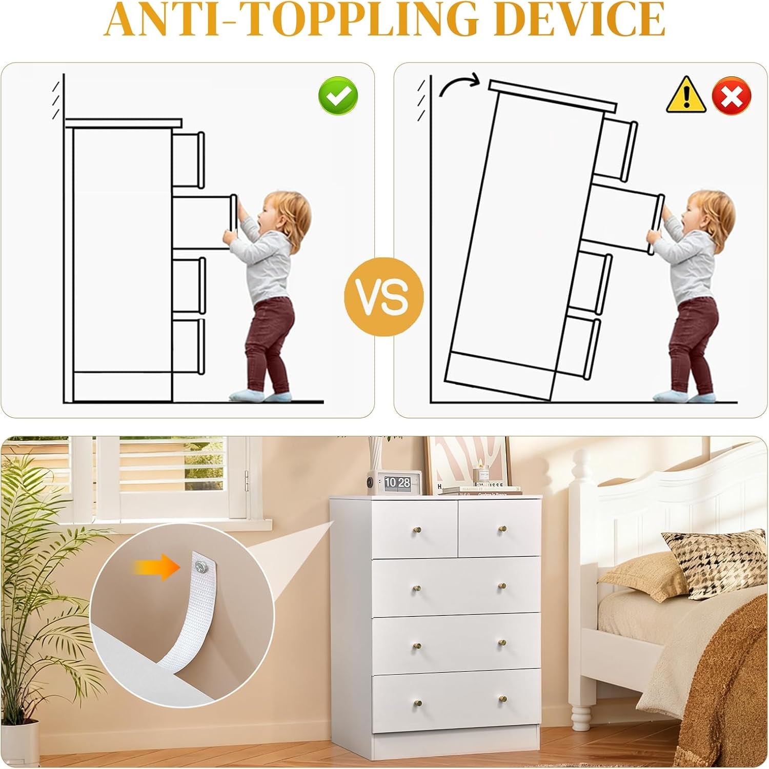 White 5 Drawer Dresser for Bedroom, Tall Dresser Chest of Drawers, Rustic Wood Bedroom Dressers Clothes Organizer, Anti-Tipping Device, Rose Gold Metal Handle, Living Room, Entryway, Office