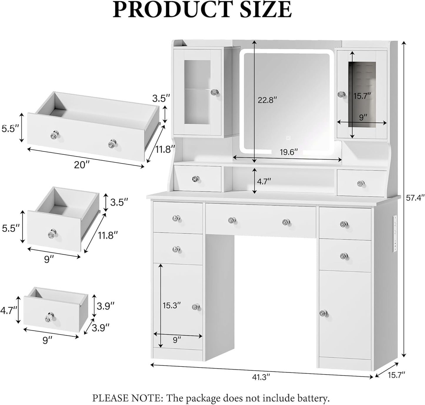 Vanity Desk with Mirror & Lights, 42‘’ Large Makeup Vanity with 2 RGB Jewelry Cabinets & 7 Drawers, White Vanity Table Set with Charging Station, Dressing Table with Lights Desk, 3 Light Modes