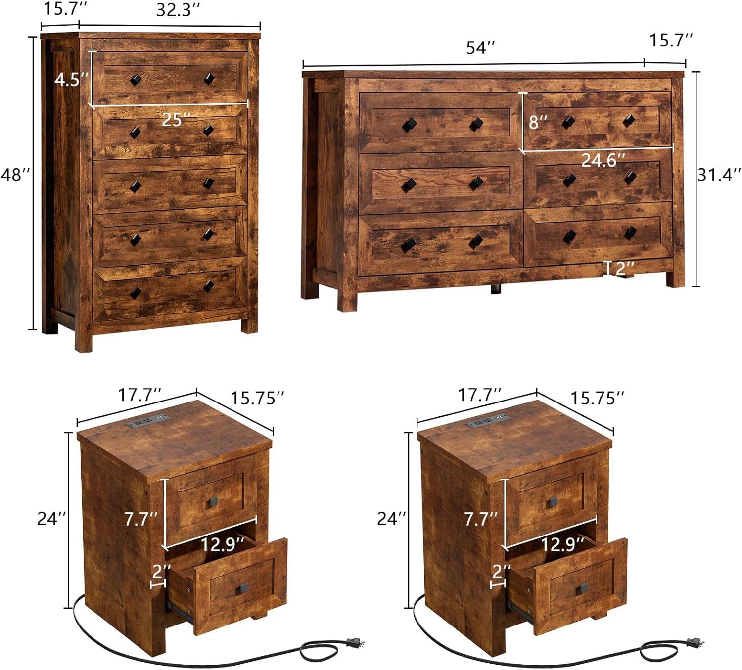 5-Piece Bedroom Set, 1 X Queen Size Bed Frame, 1 X 5 Drawer Dresser, 1 X 6 Drawer Storage Dresser, Nightstand Set of 2 with Charging Station, Farmhouse Bedroom Furniture, Rustic Brown