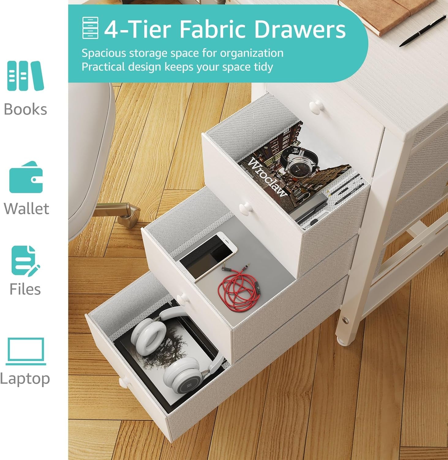 White Computer Desk with Drawers, 47 Inch Reversible Study Work Writing Desk for Home Office Bedroom, Simple Modern Cute PC Desks with Fabric Drawer, White