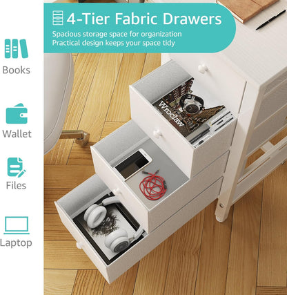 White Computer Desk with Drawers, 47 Inch Reversible Study Work Writing Desk for Home Office Bedroom, Simple Modern Cute PC Desks with Fabric Drawer, White