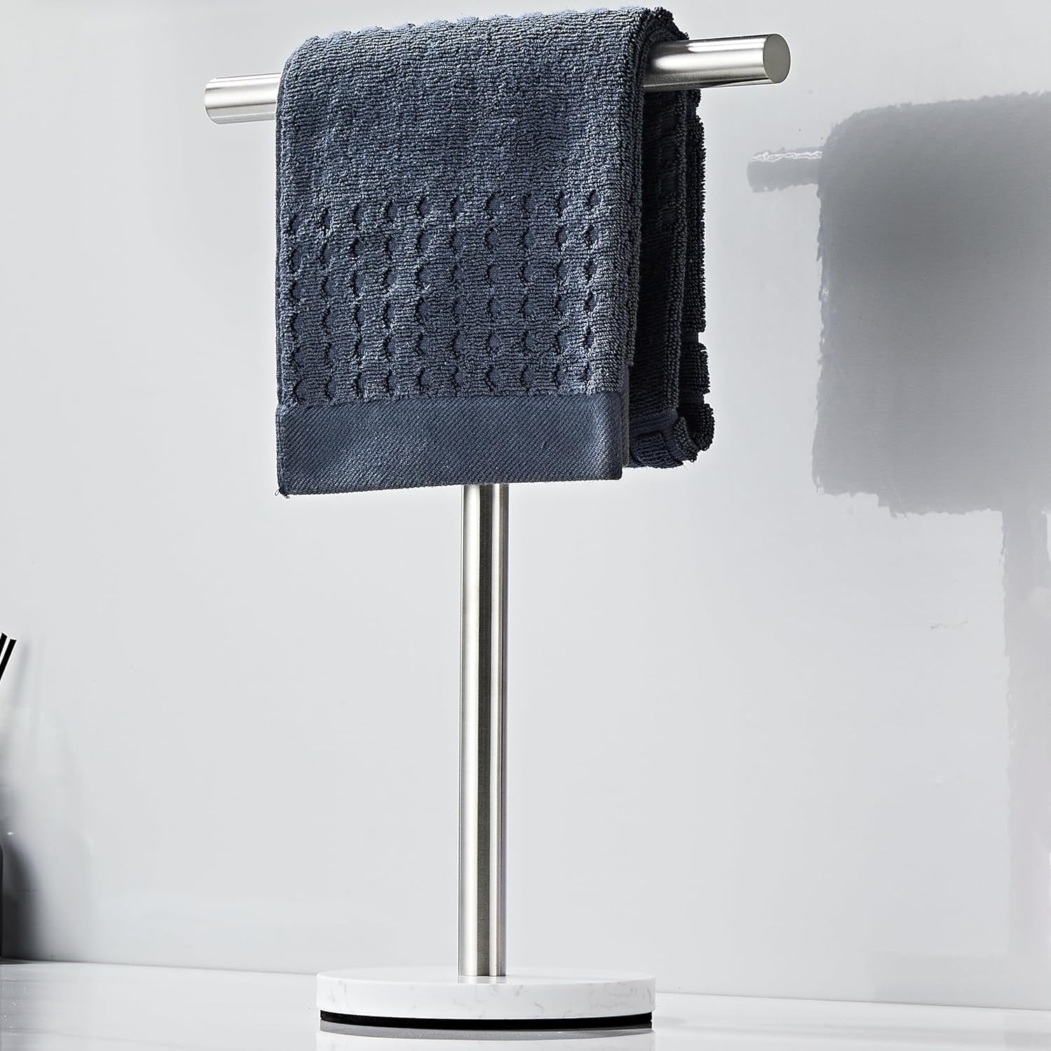 Hand Towel Holder, 15 Inch T-Shape Freestanding Towel Rack Stand for Bathroom & Kitchen Countertop with Brushed Nickel Finish and Marble Base