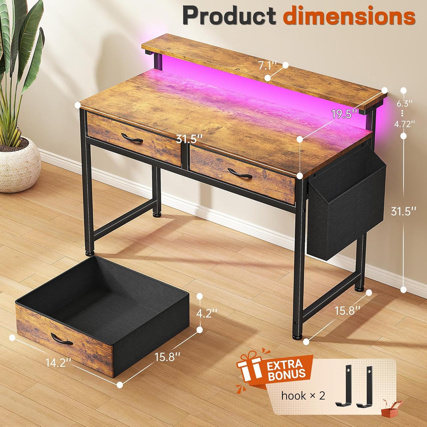 Gaming Desk with LED Lights with 2 Drawers, 31.5 Inch Desk Home Office Desk Computer Desk with Side Pocket & Ergonomic Monitor Stand, Small Space Study Writing Table with Anti-Tip Design, Rustic Brown