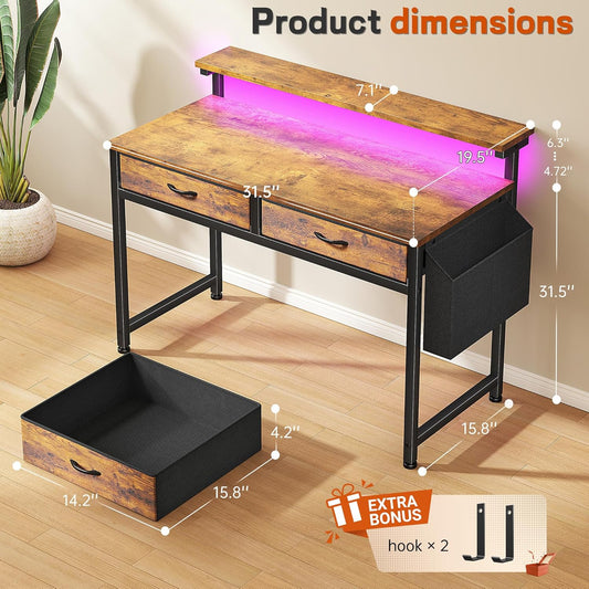 Gaming Desk with LED Lights with 2 Drawers, 31.5 Inch Desk Home Office Desk Computer Desk with Side Pocket & Ergonomic Monitor Stand, Small Space Study Writing Table with Anti-Tip Design, Rustic Brown