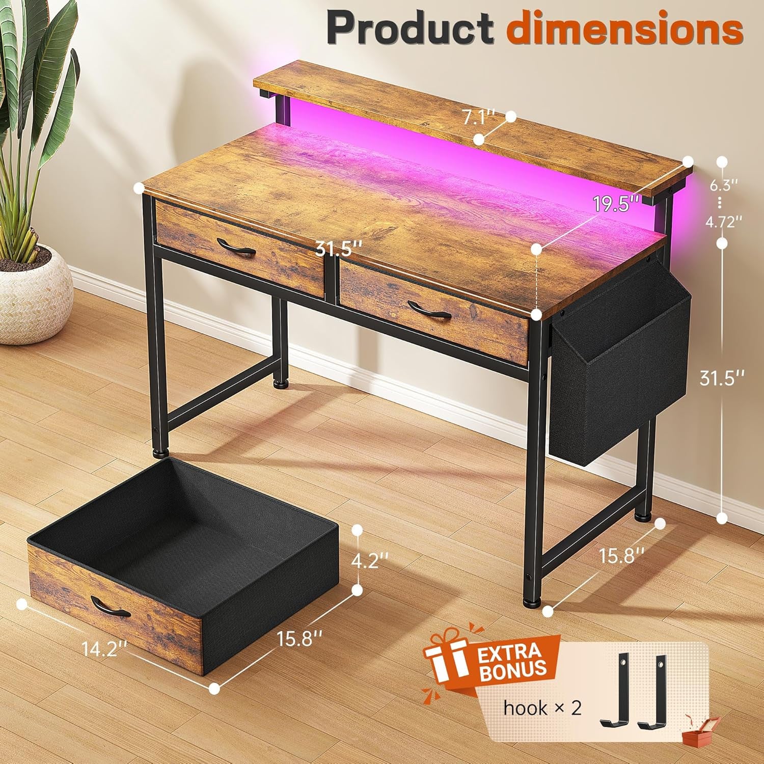 Gaming Desk with LED Lights & 2 Fabric Drawers, 39.4Inch Home Office Computer Desk with Side Pocket & Ergonomic Monitor Stand, Small Space Study Writing Table with Anti-Tip Design, Rustic Brown