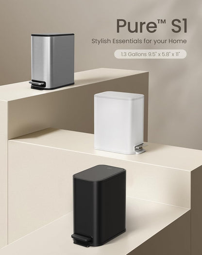 Small Bathroom Trash Can with Lid Soft Close, Step Pedal, 5 Liter / 1.3 Gallon Stainless Steel Garbage Can with Removable Inner Bucket, Waste Basket for Bathroom, Bedroom (White)