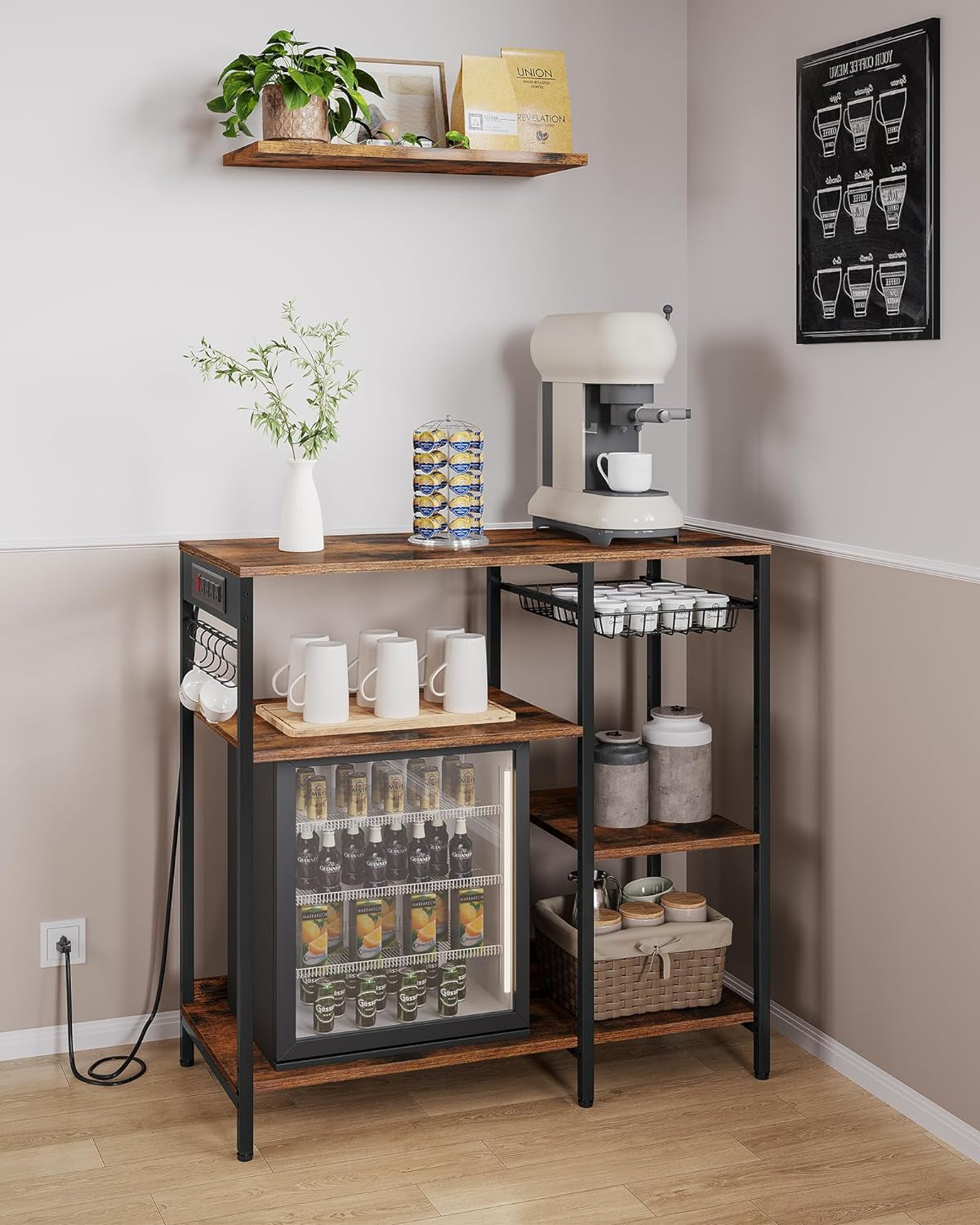 Baker'S Rack, Coffee Bar Stand with Charging Station, Storage Shelves, Pull-Out Wire Basket, Table for Microwave, Kitchen, Rustic Brown UKKS036K01, 15.7 X 35.4 X 35.6 Inches