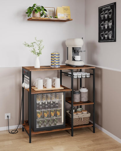 Baker'S Rack, Coffee Bar Stand with Charging Station, 35.6 Inches Tall, Storage Shelves, Pull-Out Wire Basket, Table for Microwave, Kitchen, Rustic Brown and Ink Black UKKS036K01