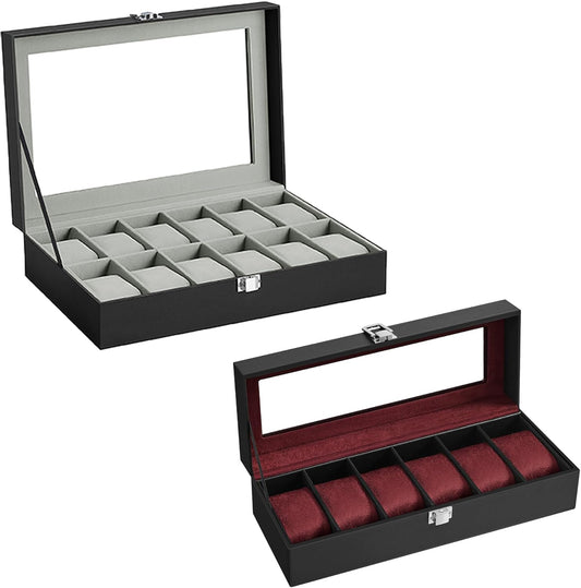 2 Items Bundle - Watch Boxes, 12-Slot Watch Box with Large Glass Lid and Removable Watch Pillows, 6-Slot Watch Case, Black Synthetic Leather UJWB12BK and UJWB006R01