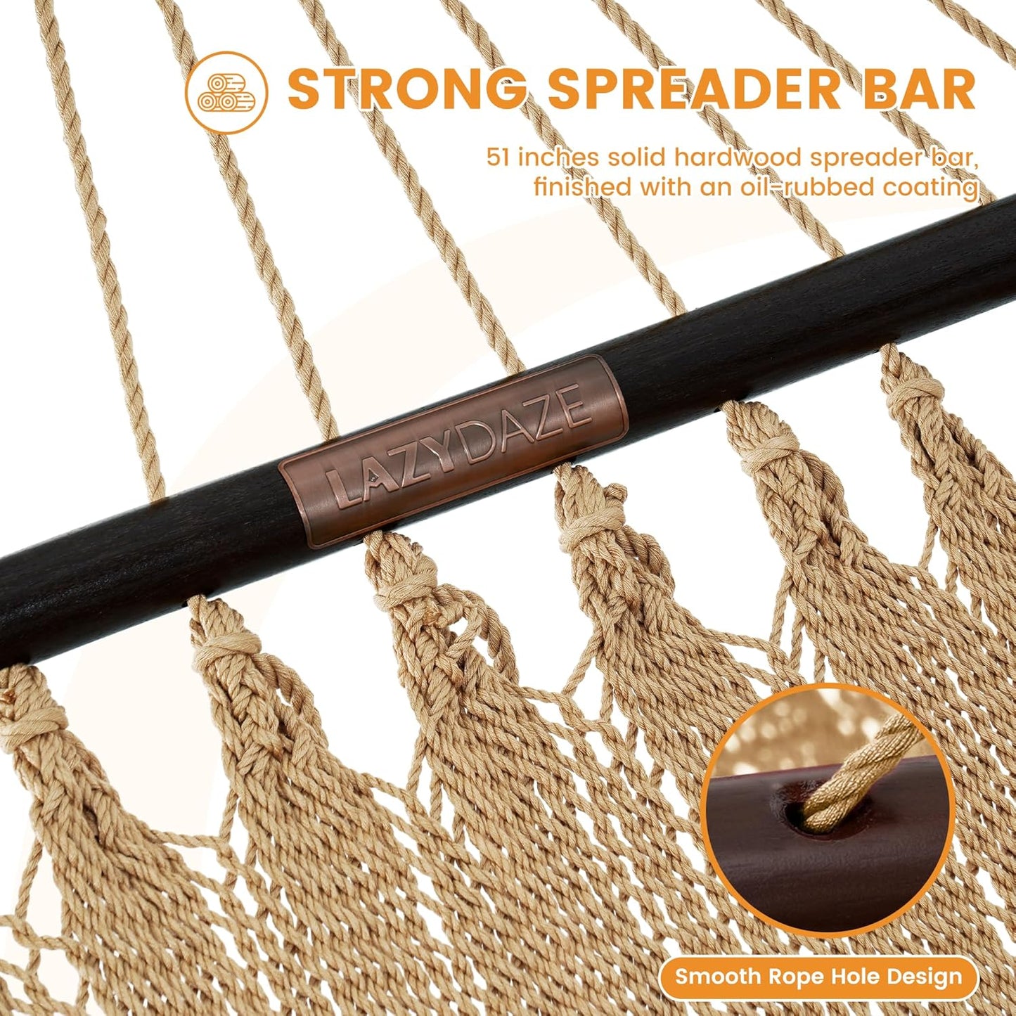 10.5 FT Double 2 Person Caribbean Rope Hammock, Hand Woven Polyester Hammock with Spreader Bars, for outside Outdoor Backyard Patio Poolside, 450 LBS Capacity, Tan