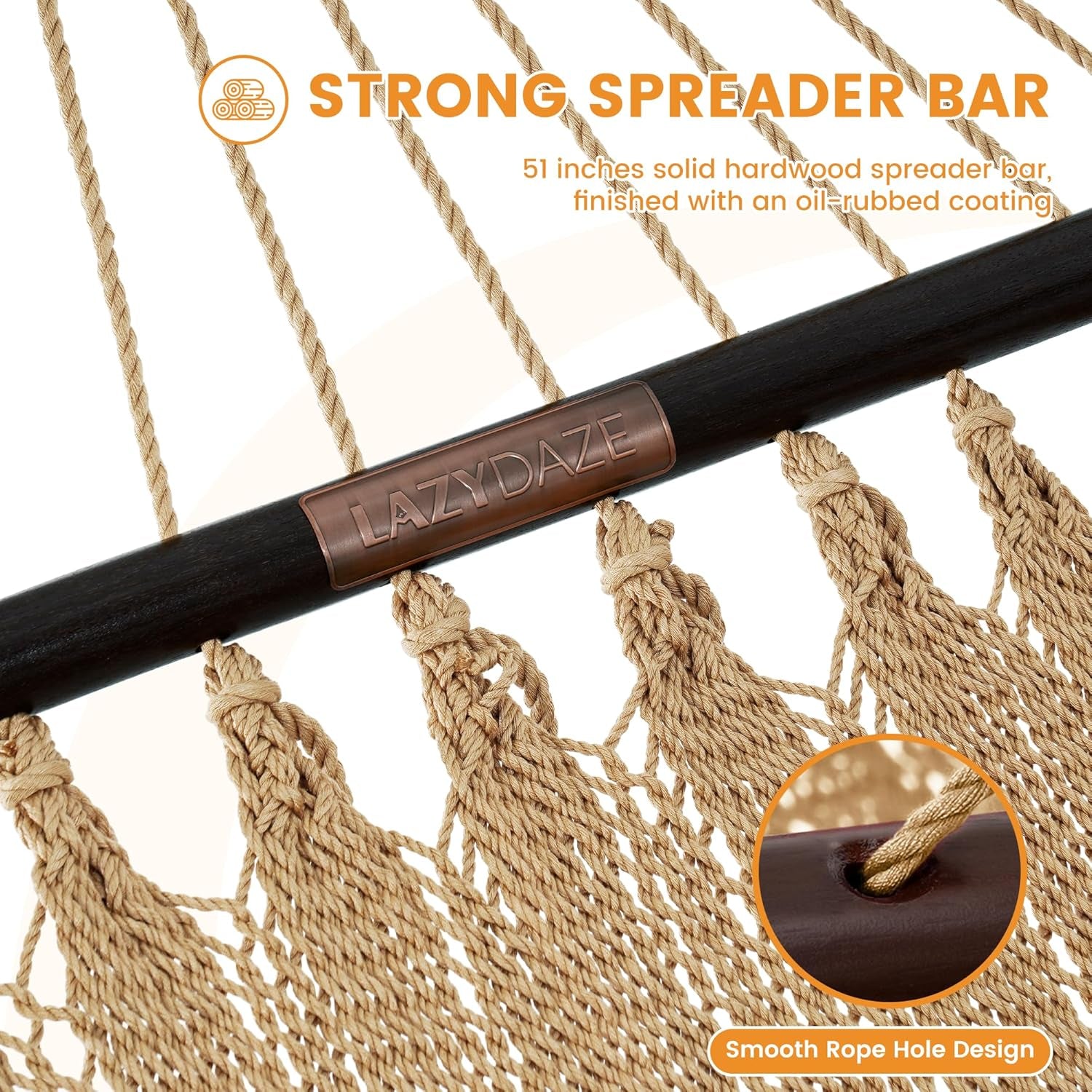10.5 FT Double 2 Person Caribbean Rope Hammock, Hand Woven Polyester Hammock with Spreader Bars, for outside Outdoor Backyard Patio Poolside, 450 LBS Capacity, Tan