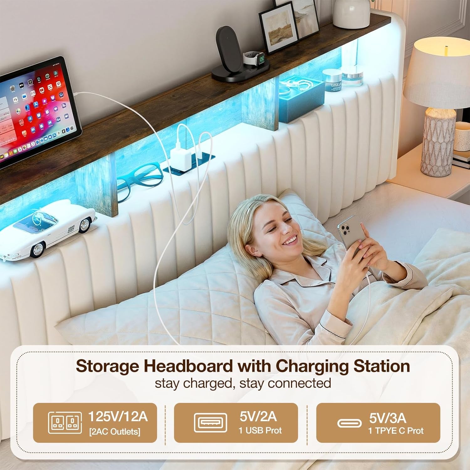Upholstered California King Headboard with Storage, Adjustable Height, Velvet Cal King Head Board Only with LED Lights & Charging Station, Bed Frame Brackets Adapter, Easy Assembly, White