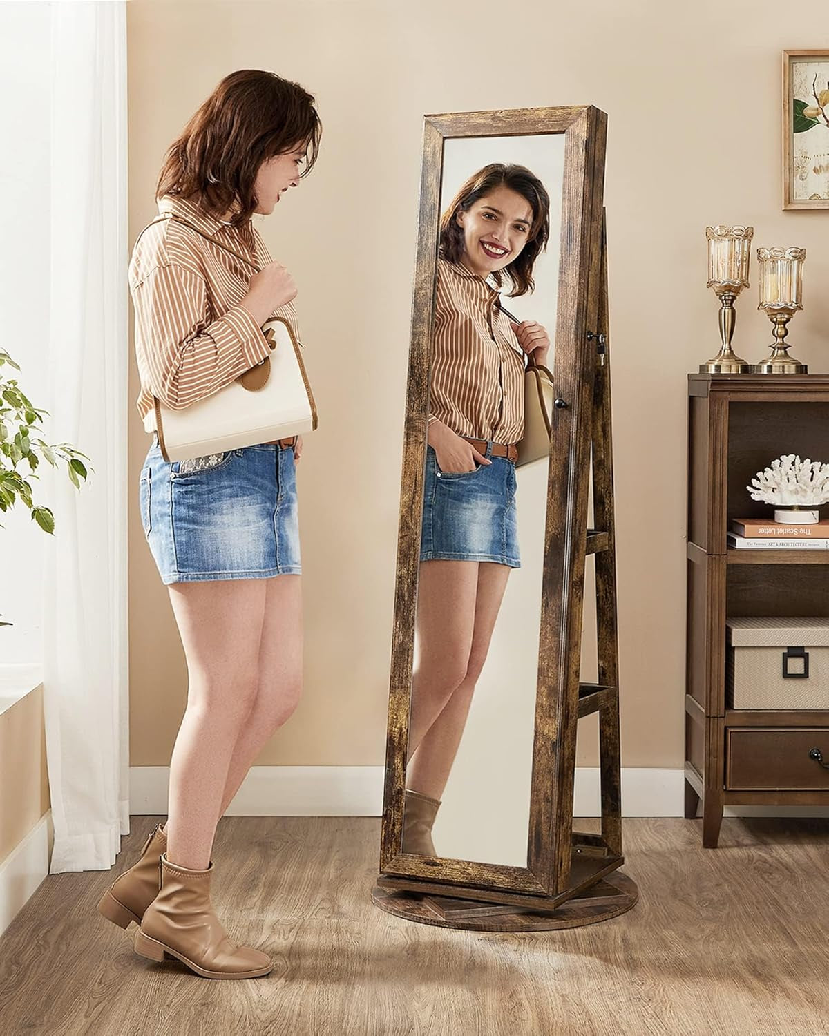 360° Swivel Jewelry Cabinet, Lockable Jewelry Organizer with Full-Length Mirror, Rear Storage Shelves, Interior Mirror, Jewelry Armoire, Gift Idea, Rustic Brown UJJC006X01