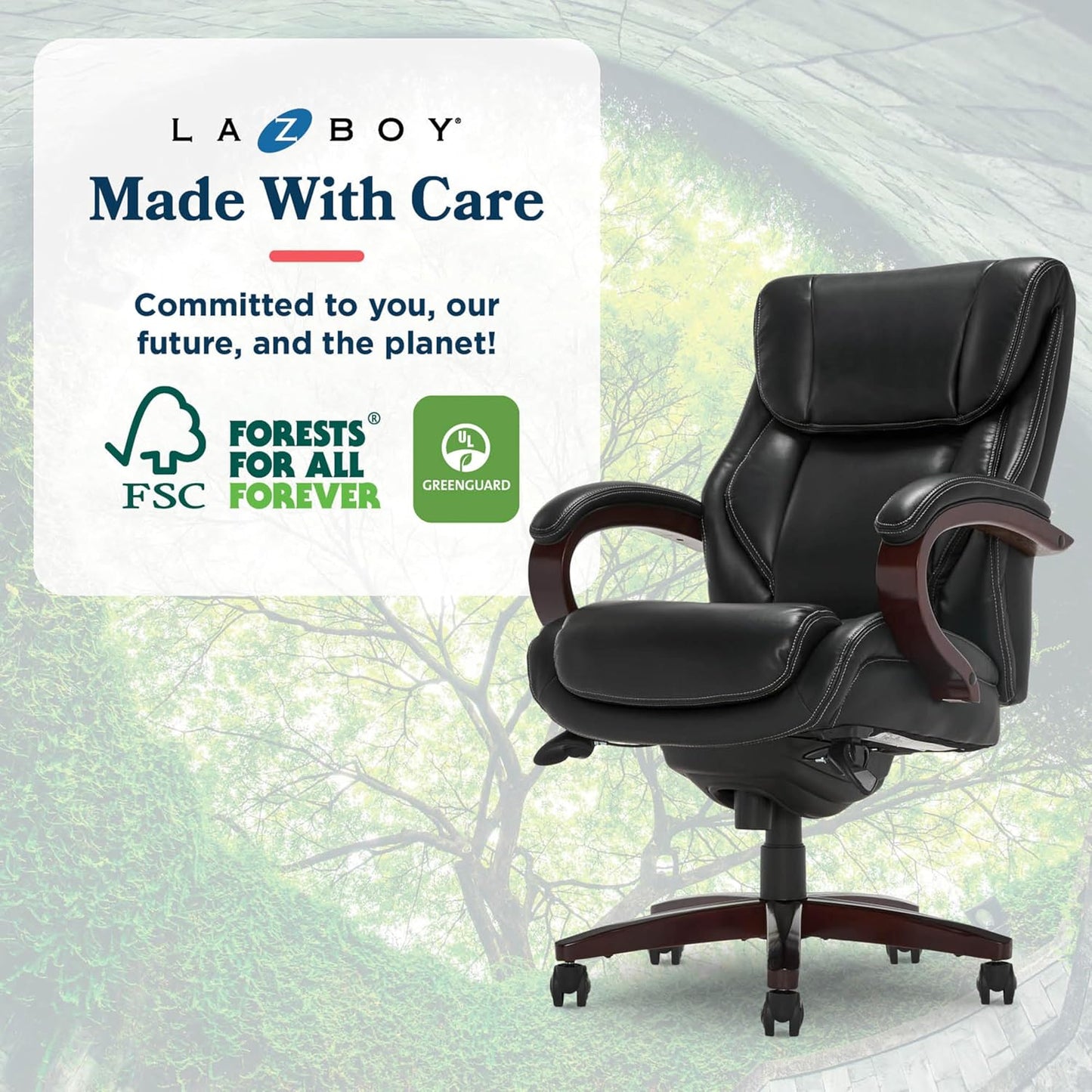 ® Bellamy Executive Office Chair with Memory Foam Cushions, Real Wood Arms and Swivel Base, Waterfall Seat Edge, Faux Bonded Leather, Black