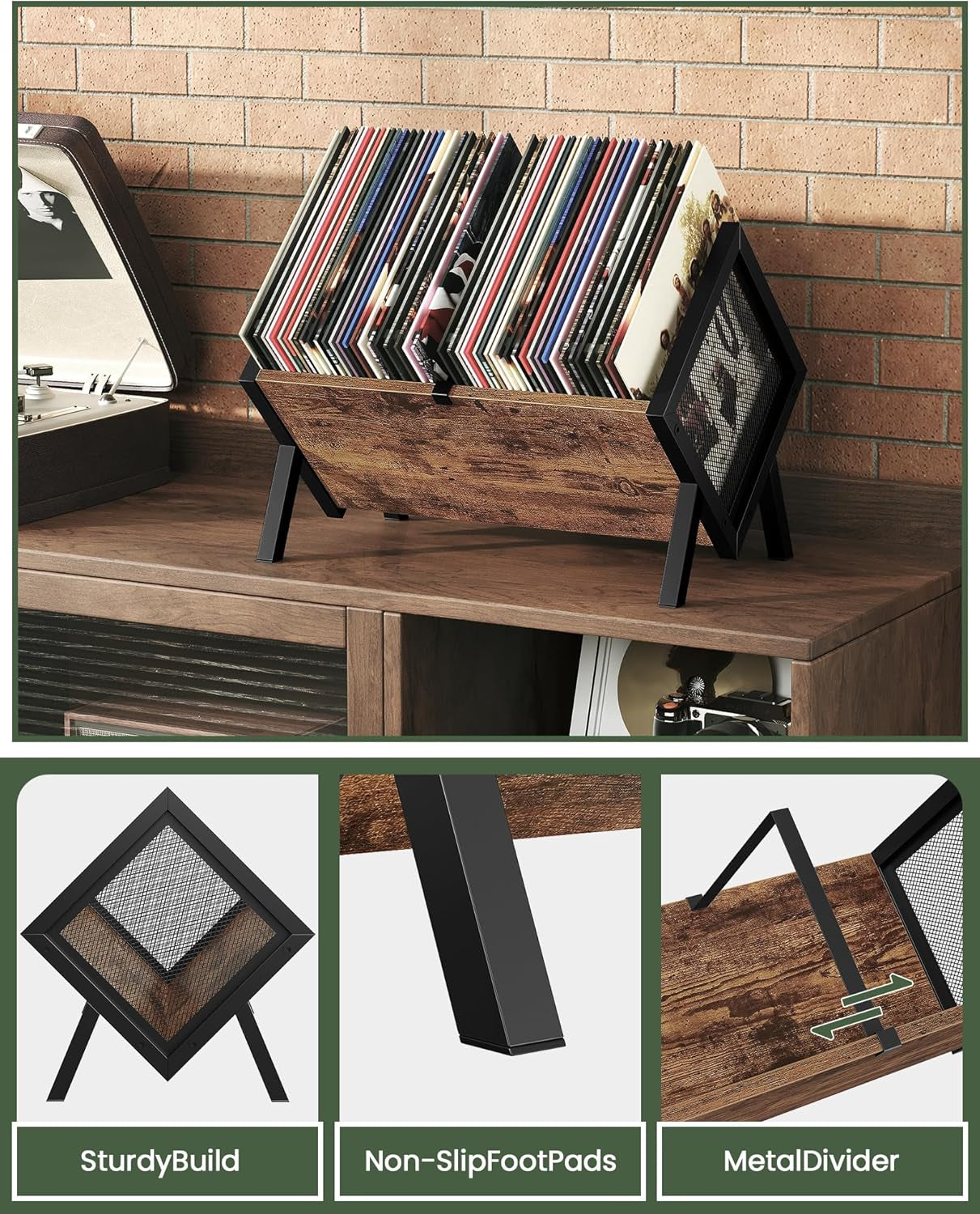 Vinyl Record Holder, Vinyl Record Storage Rack, Album Display Rack, Versatile Storage Shelf, Album Organizer, for Magazine, Files, Book, Rustic Brown Black TCW01BF