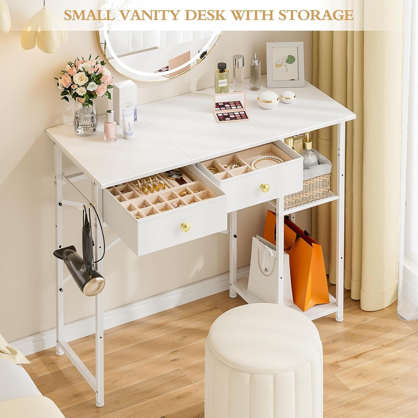 White Vanity Desk without Mirror for Bedroom, Makeup Desk with 2 Fabric Drawers, Vanity Desk with Iron Hook, 36 Inches Vanity with Storage, White