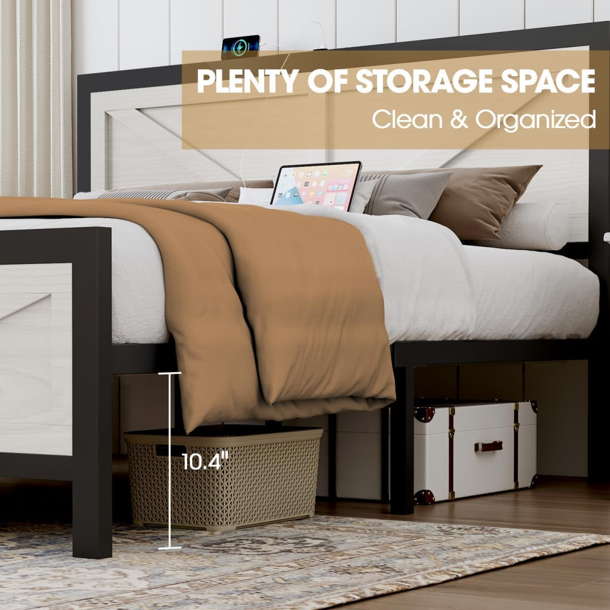 Rustic Bed Frame King Size with Barn Door Headboard, LED Bed Frame with Charging Station, Industrial Platform Metal Bed Frames, No Box Spring Needed, Easy Assembly, White