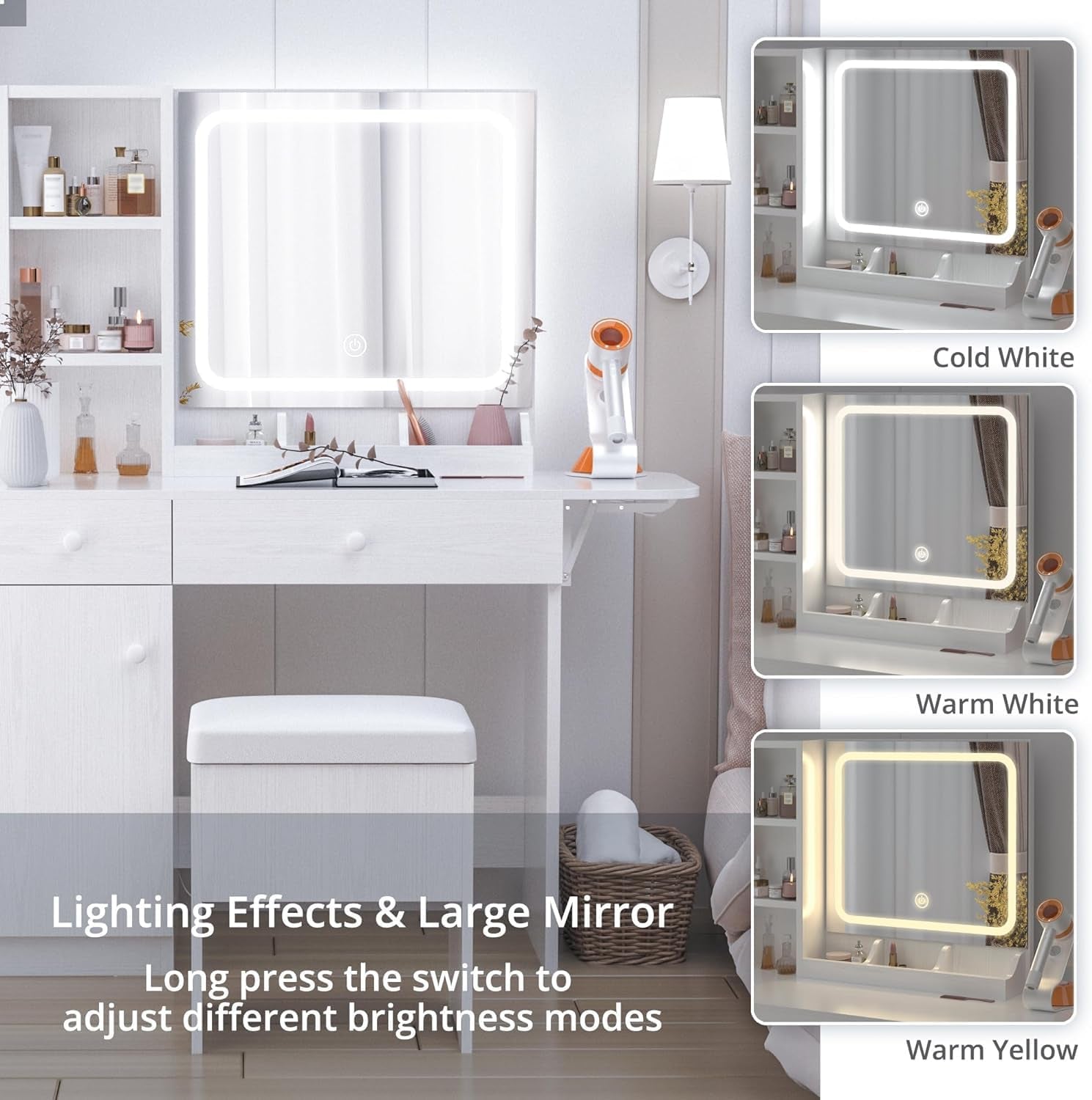 Vanity Desk with LED Lighted Mirror & Power Outlet, Makeup Table with Drawers & Cabinet,Storage Stool, White