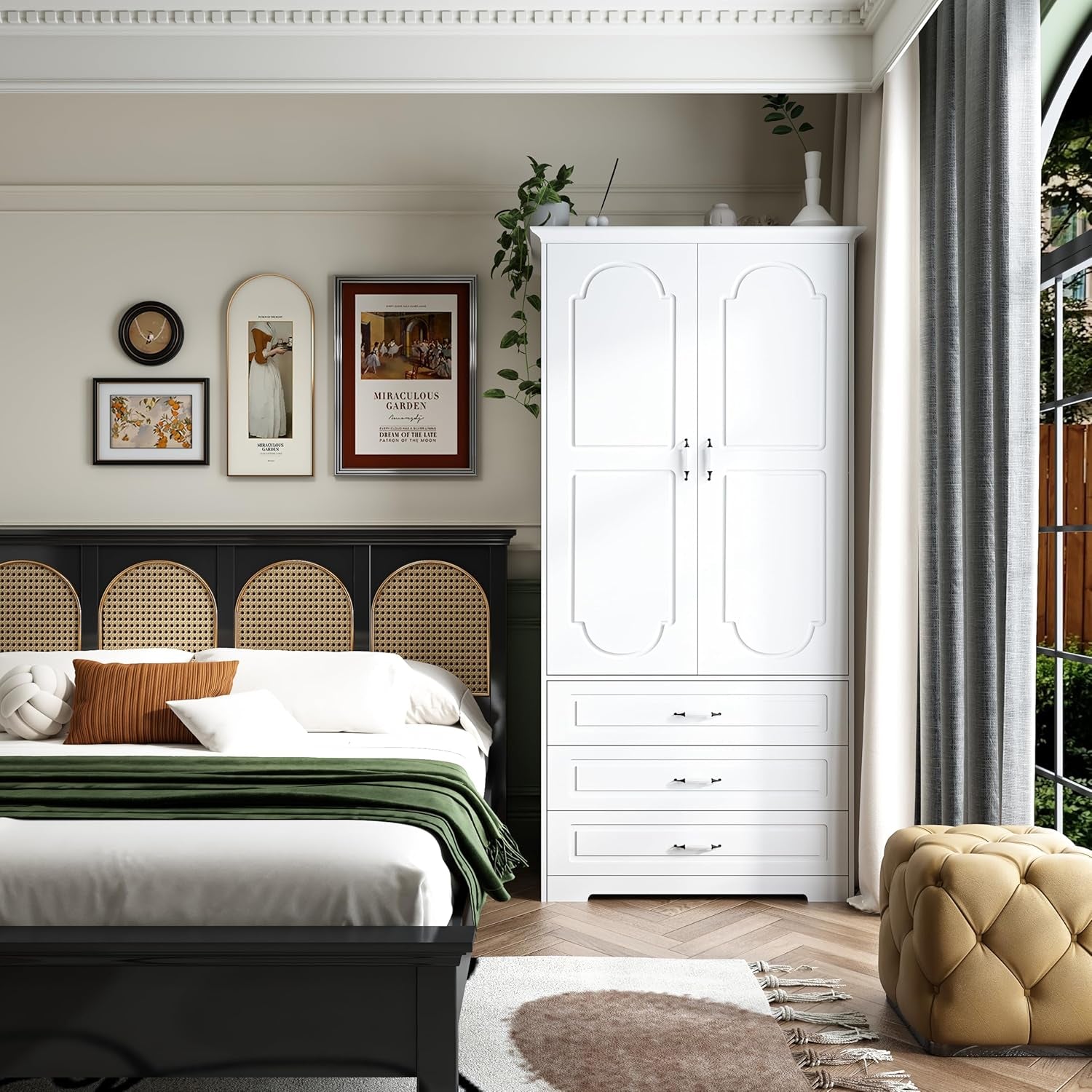 Armoire Wardrobe Closet with 3 Drawers and LED Light 72" Wooden Bedroom Armoire with 2 Doors and Retro Ceramic Door Handles Modern Wardrobe Cabinet with Removable Hanging Rod White