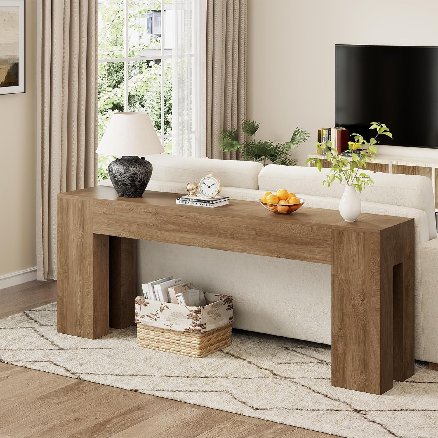 Extra Long Sofa Console Table for Entryway Living Room, 79-Inch Farmhouse Wood behind Couch Table, Rectangular Accent Console with Wooden Double Base for Hallway Foyer Entrance, Natural Oak