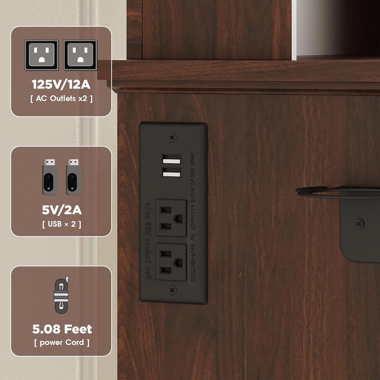 42" W Walnut Makeup Vanity Desk with Mirror and Lights and Charging Station, Dark Brown Wood Vanity with Open Storage and Drawers and Stool Chair, Dressing Table Make up Desk for Bedroom