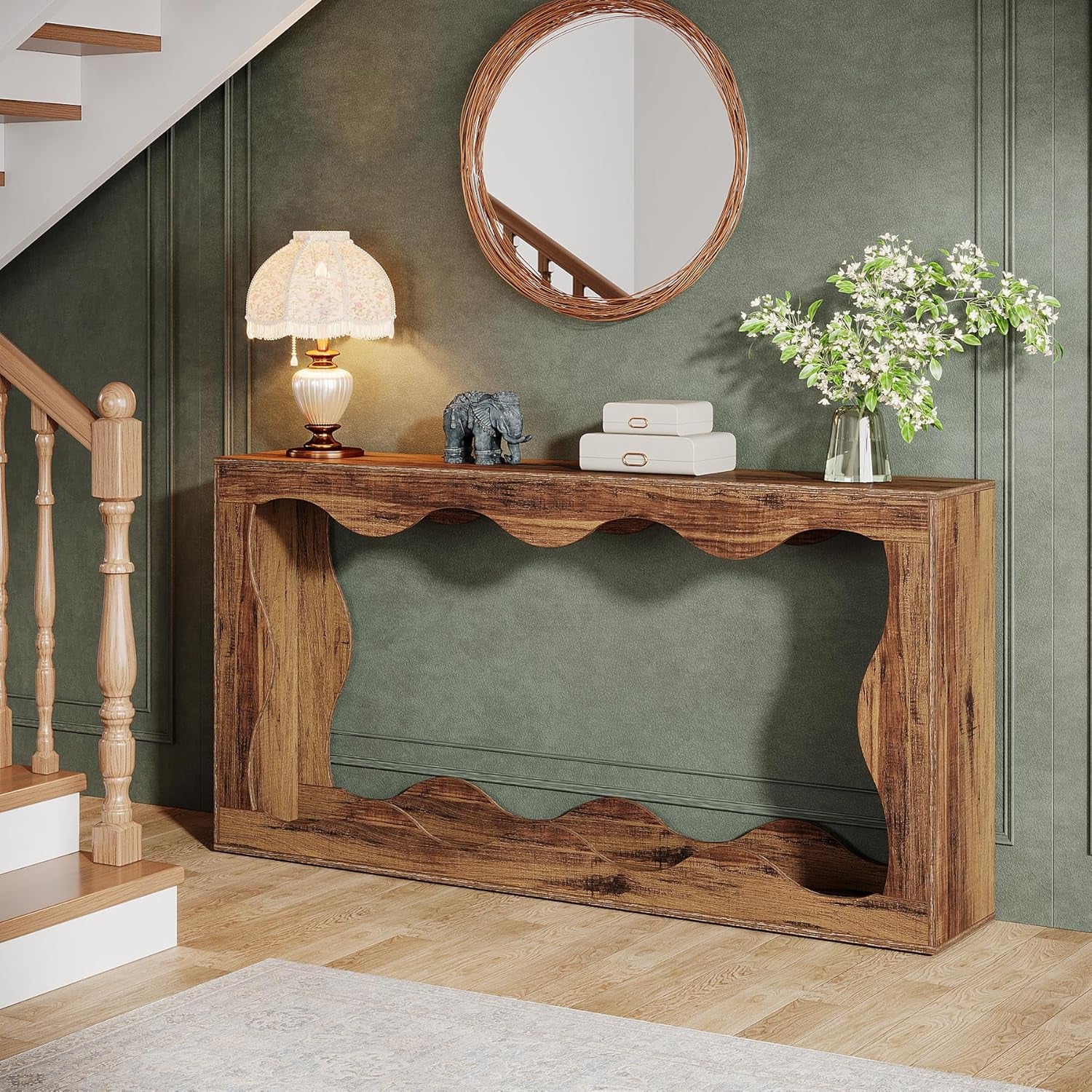 63 Inches Farmhouse Console Table with Storage, Couch Table behind Sofa, Long Entryway Sofa Station, Narrow Console Stand, Hallway Stand for Entryway Living Room, Brown