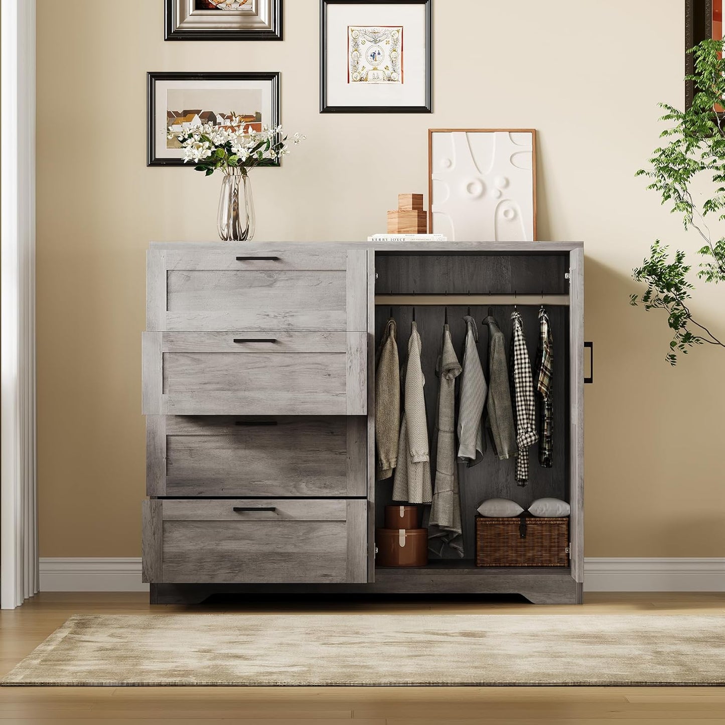 43.3'' H Armoire Wardrobe Closet with 4 Drawers and 2 Doors, Hanging Rod, Multifunctional Wooden Dresser with Storage Closet, Bathroom Cabinet for Bedroom, Gray