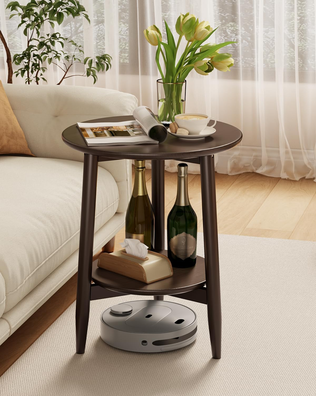 Round End Table,Solid Wood Small round Table with Lower Shelf,Round Side Table,Nightstand for Small Spaces,Living Room,Bedroom(Walnut)