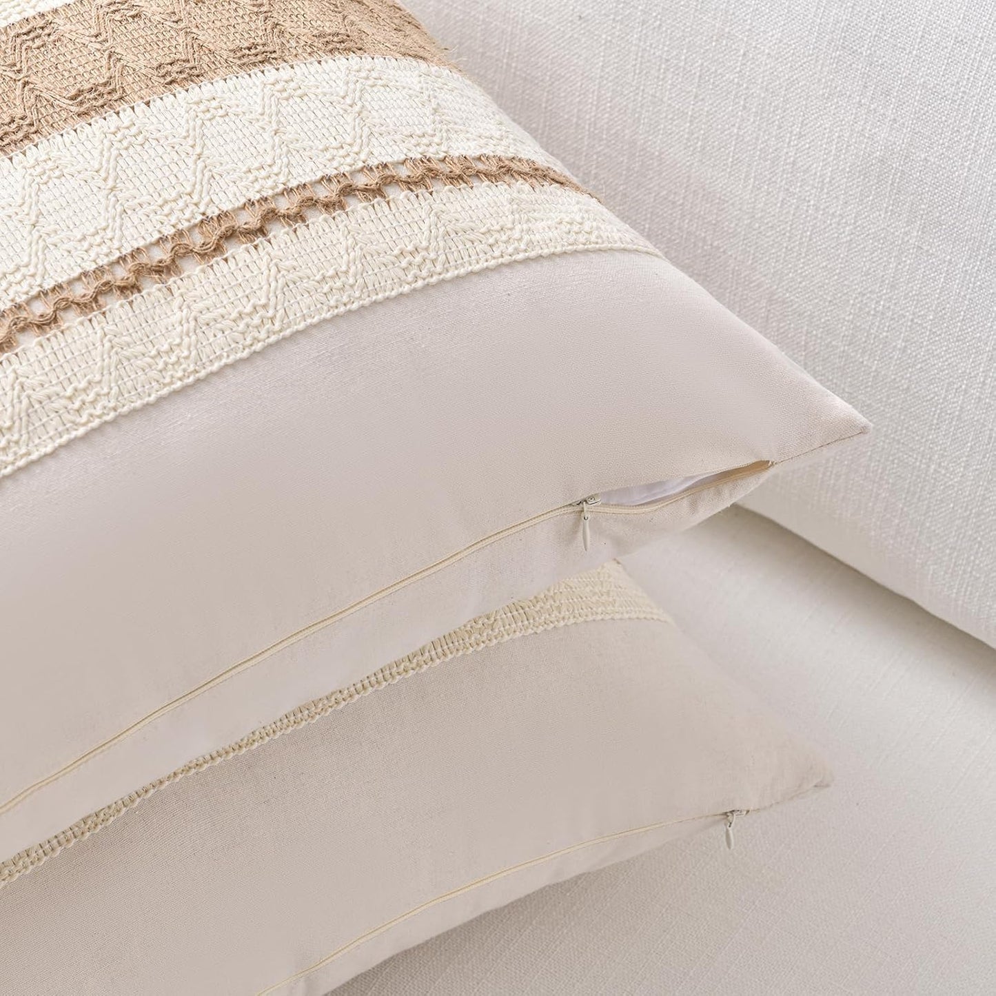 Set of 2 Boho Neutral Decorative Throw Pillow Cover 18X18 Inch for Couch Bed Sofa, Aesthetic Modern Organic Farmhouse Home Decor, Soft Cotton Cute Accent Macrame Woven Tan Cushion Case