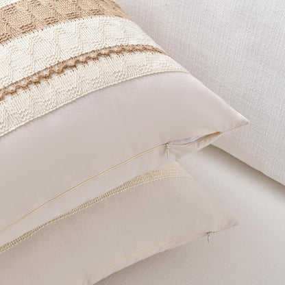 Set of 2 Boho Neutral Decorative Throw Pillow Cover 18X18 Inch for Couch Bed Sofa, Aesthetic Modern Organic Farmhouse Home Decor, Soft Cotton Cute Accent Macrame Woven Tan Cushion Case