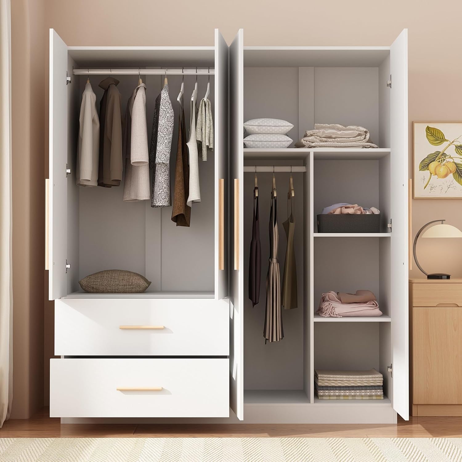 Armoire Wardrobe Closet with 4 Doors & 2 Hanging Rods, Wooden Clothing Storage Cabinet with Drawers & Shelves for Bedroom, White, 19.7" D X 63" W X 70.9" H