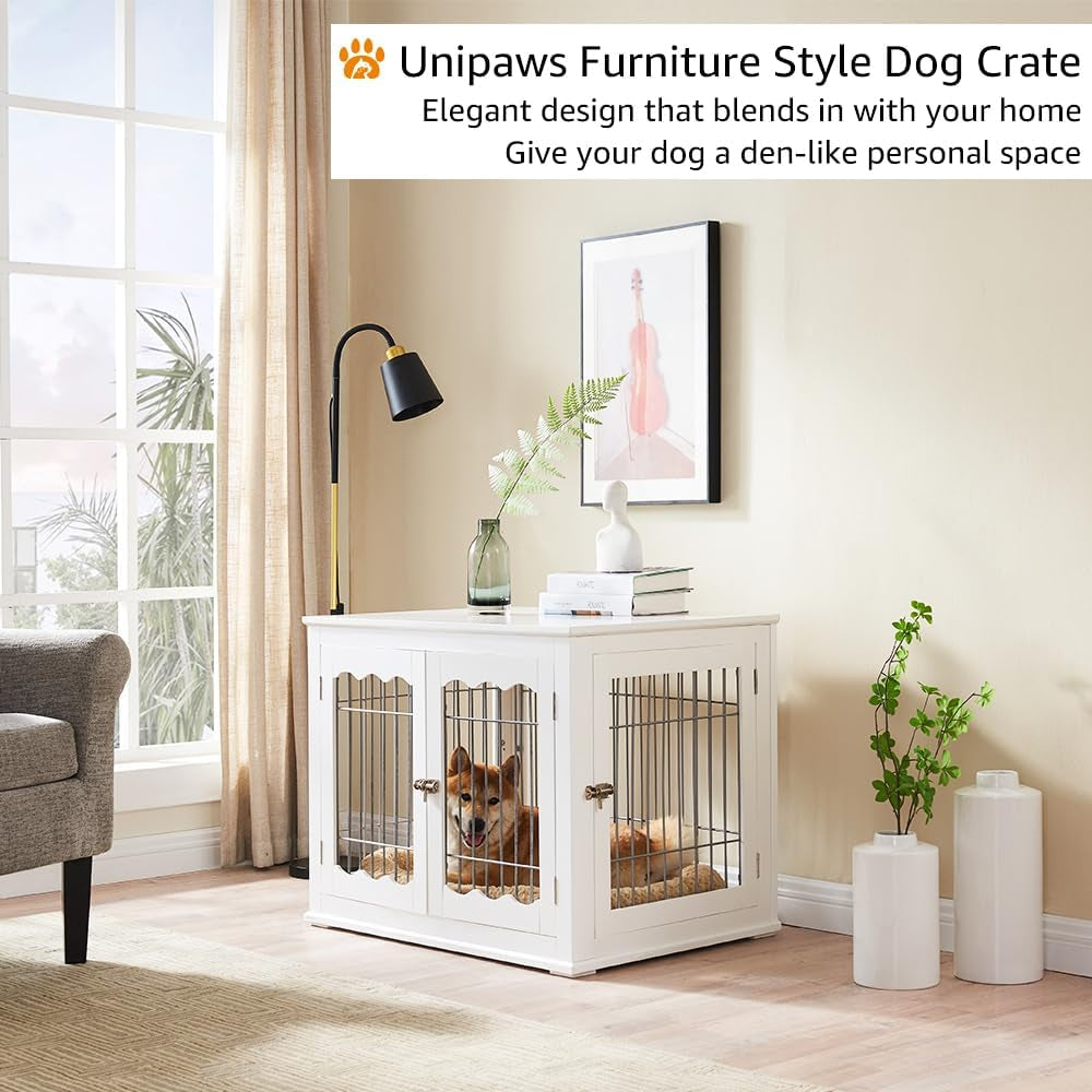 36 Inch Furniture Style Dog Crate End Table with Cushion, Wooden Wire Pet Kennels with Double Doors, Large Dog House Indoor Use