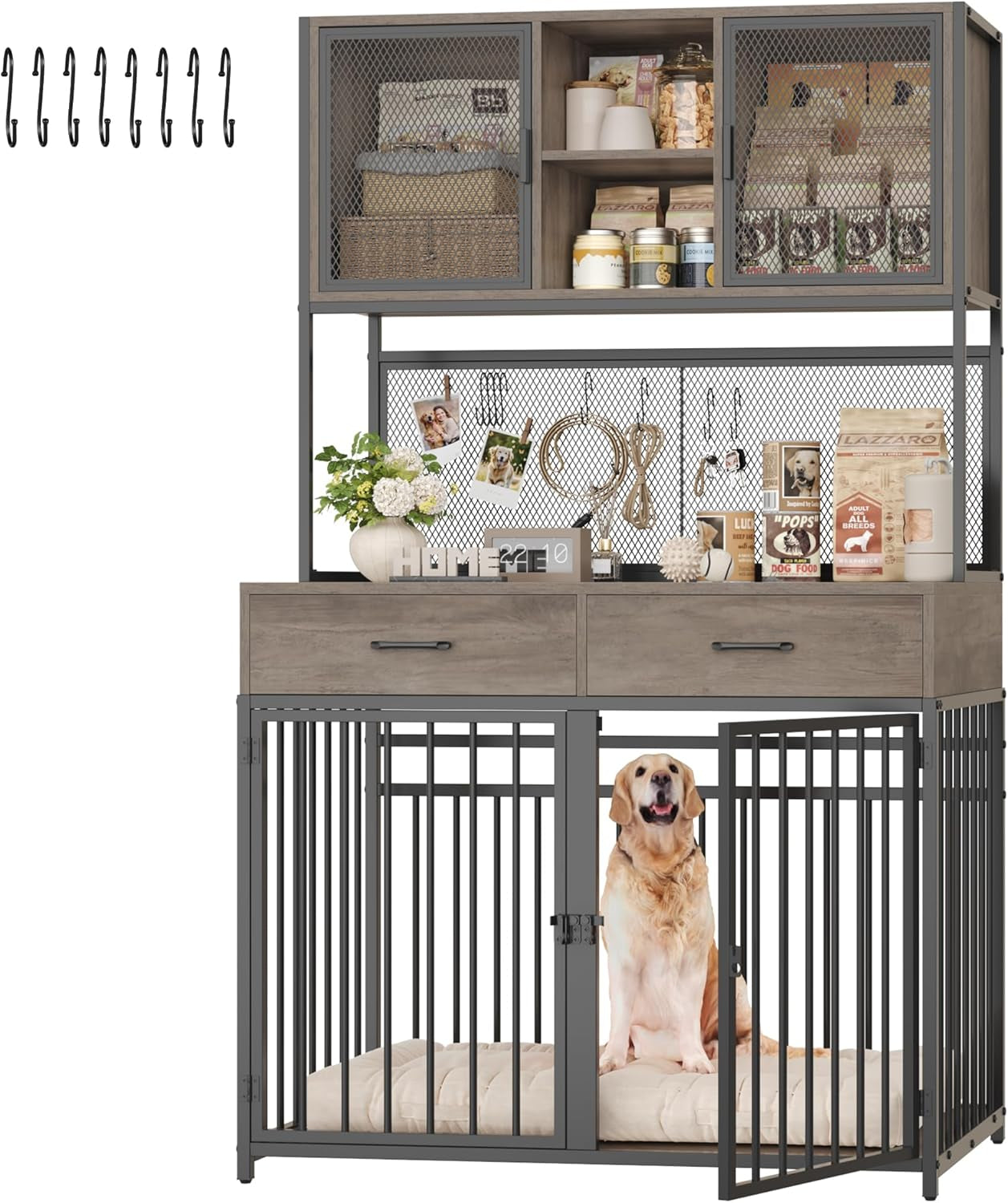 71" Tall Dog Crate Furniture, Indoor Dog Kennel with Hutch, 42" W Dog Cage for Large/Medium Dogs, Wood Dog Crates with 2 Storage Drawers, Heavy Duty Pet House, Rustic Brown