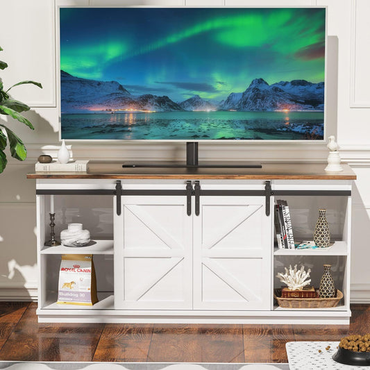 Farmhouse TV Stand for Televisions up to 65 Inches, Sliding Barn Doors and Storage Cabinets, Console Table and Media Furniture for Living Room, 58 Inch, Milk White