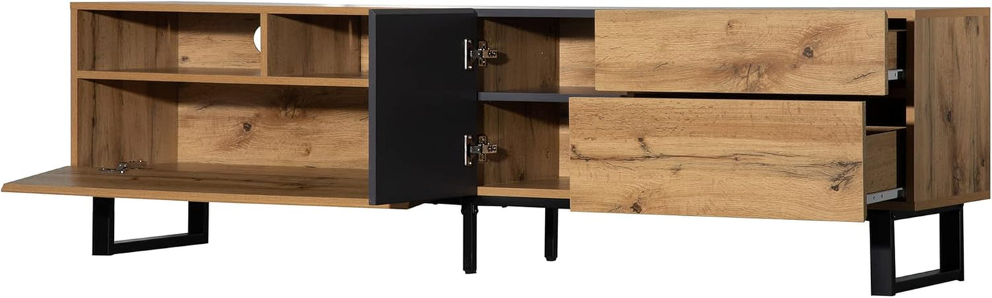 Modern TV Stand with 3 Cabinets & Open Shelves, Minimalist Wooden Entertainment Center for Tvs up to 80”, Sturdy TV Console for Living Room Bedroom Decor
