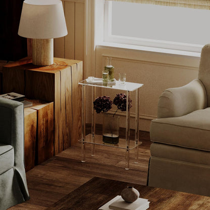 Acrylic Narrow Side Table for Small Spaces, 7" Wide Skinny Nightstand/Bedside Table for Bedroom, Slim Small End Table, 2 Tier, 15.7" L X 21.8" H, Clear