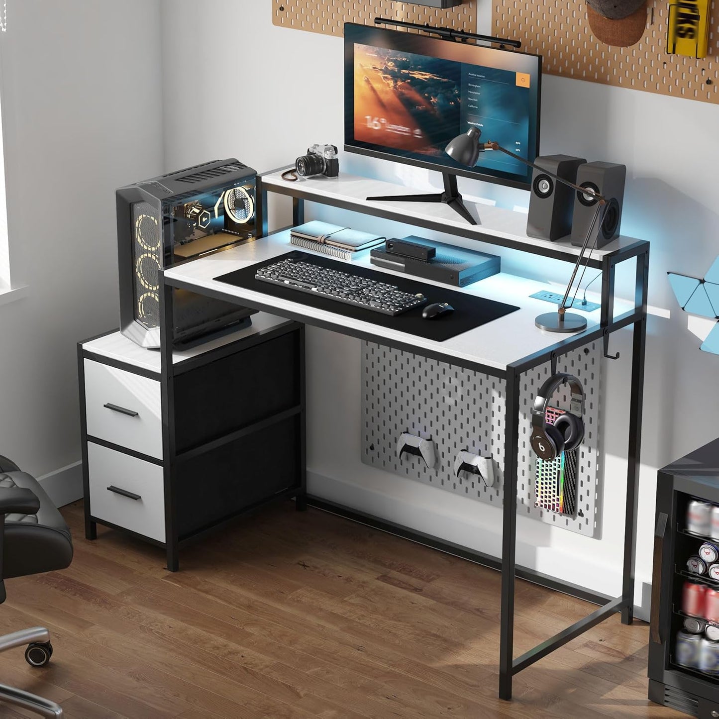 50 Inch Gaming Desk with LED Lights and Power Outlets, White Compact Computer Office Desk with Storage Shelves,Monitor Stand & Side Hook, Storage Drawers of Computer Table for Bedroom